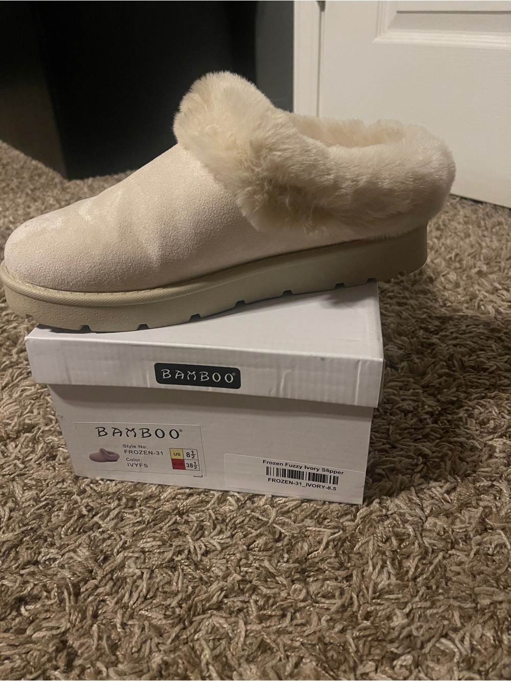 BAMBOO Ivory Plush Faux-Fur Slide Slipper